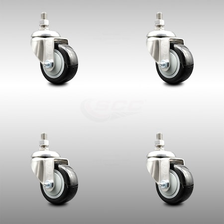 Service Caster 3.5 Inch 316SS Black Polyurethane Wheel Swivel 12mm Threaded Stem Caster Set SCC-SS316TS20S3514-PPUB-BLK-M1215-4